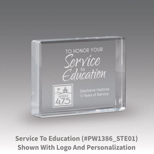 etched optic crystal paperweight with service to education message