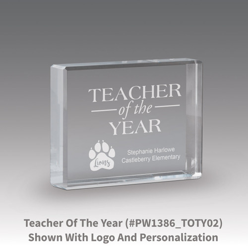 etched optic crystal paperweight with teacher of the year message