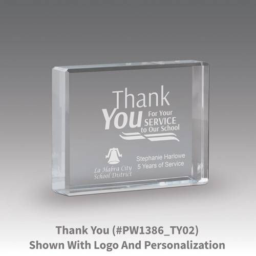 etched optic crystal paperweight with thank you message