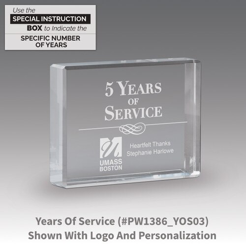 etched optic crystal paperweight with years of service message