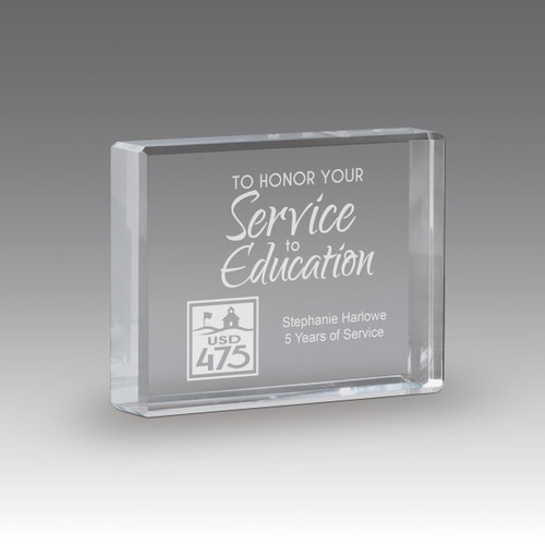 etched optic crystal paperweight service to education message