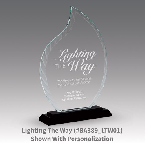 crystal flame base award with lighting the way message