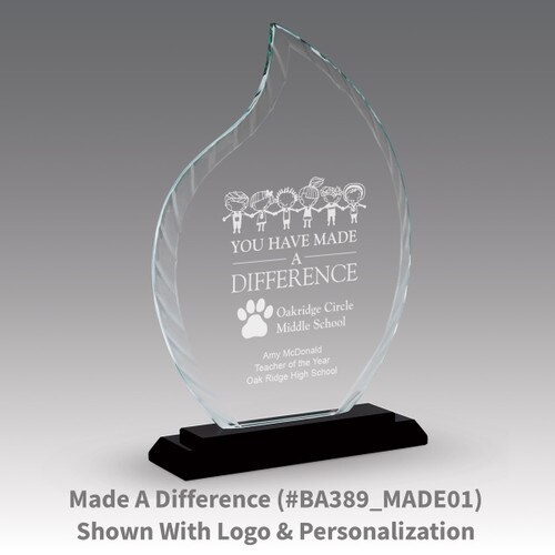 crystal flame base award with made a difference message