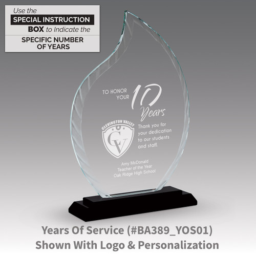 crystal flame base award with years of service message
