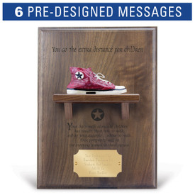 you go the extra distance message on a walnut plaque with a shelf, resin red shoe and personalized brass plate