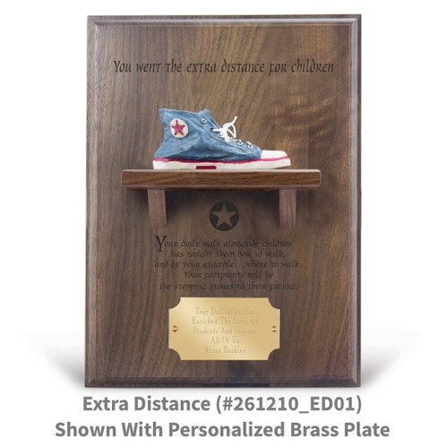 you went the extra distance message on a walnut plaque with a shelf, resin blue shoe and personalized brass plate