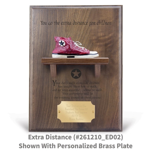 you go the extra distance message on a walnut plaque with a shelf, resin red shoe and personalized brass plate