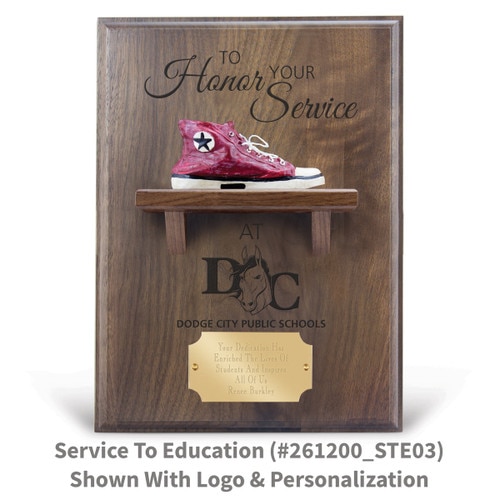 to honor your service message on a walnut plaque with a shelf, resin red shoe and personalized brass plate