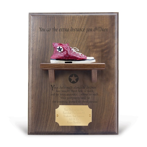 you go the extra distance message on a walnut plaque with a shelf, resin red shoe and personalized brass plate