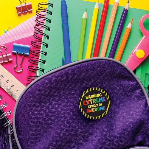 extreme levels of awesome button on a backpack