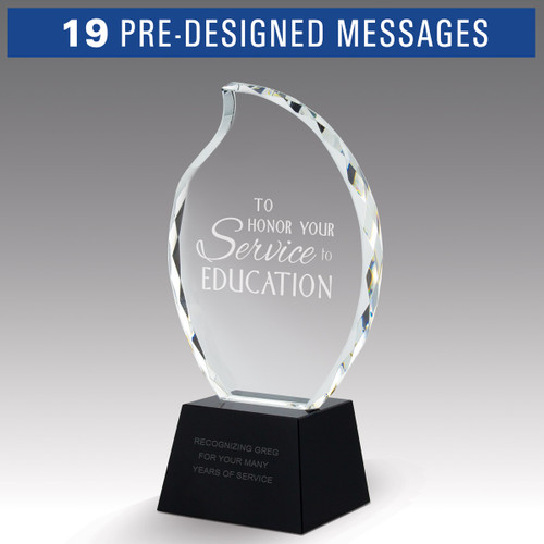 faceted crystal flame base award with service to education message
