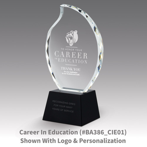 faceted crystal flame base award with career in education message