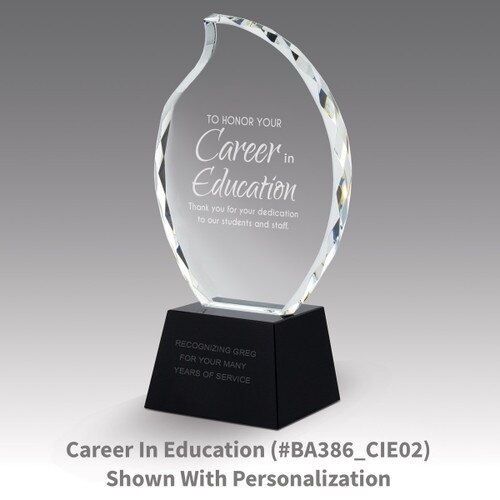 faceted crystal flame base award with career in education message