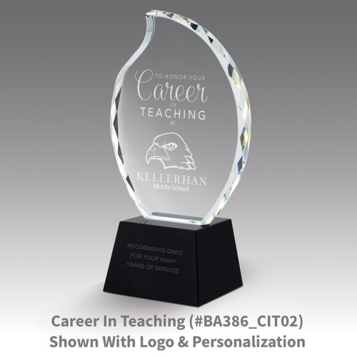 faceted crystal flame base award with career in teaching message
