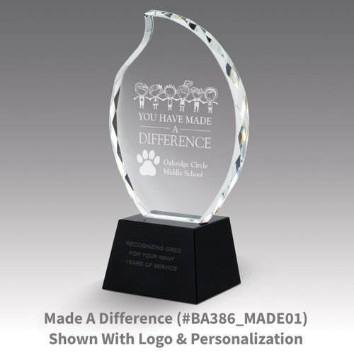 faceted crystal flame base award with made a difference message