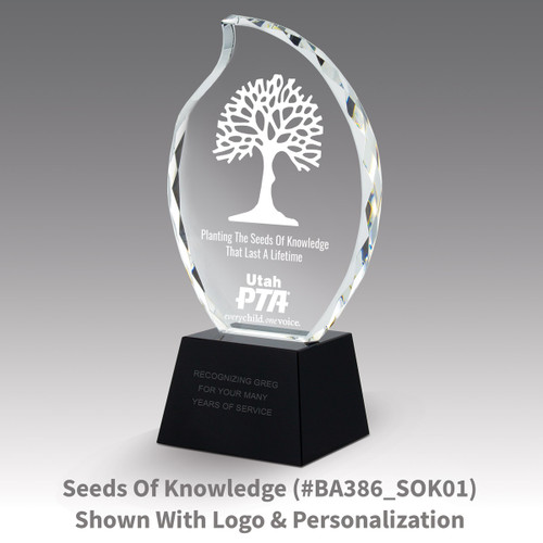 faceted crystal flame base award with seeds of knowledge message