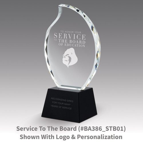 faceted crystal flame base award with service to the board message