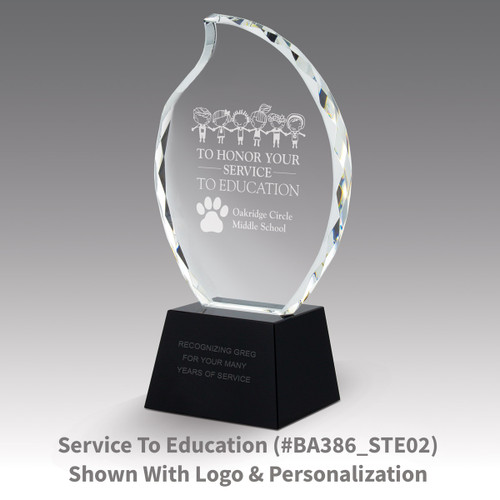 faceted crystal flame base award with service to education message