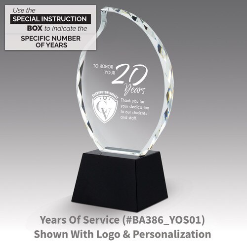faceted crystal flame base award with years of service message