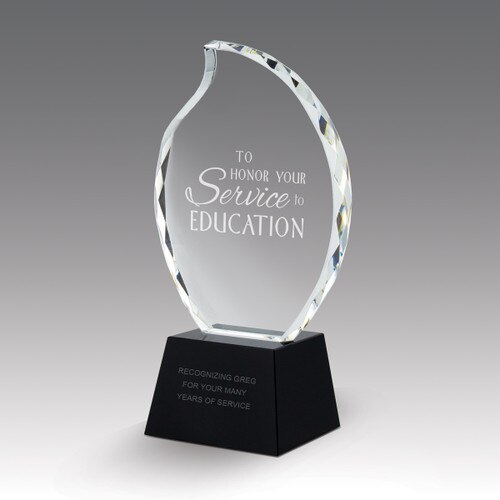 faceted crystal flame base award with service to education message