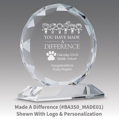 faceted circle optic crystal base award with made a difference message