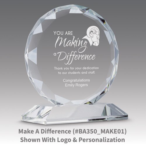 faceted circle optic crystal base award with making a difference message