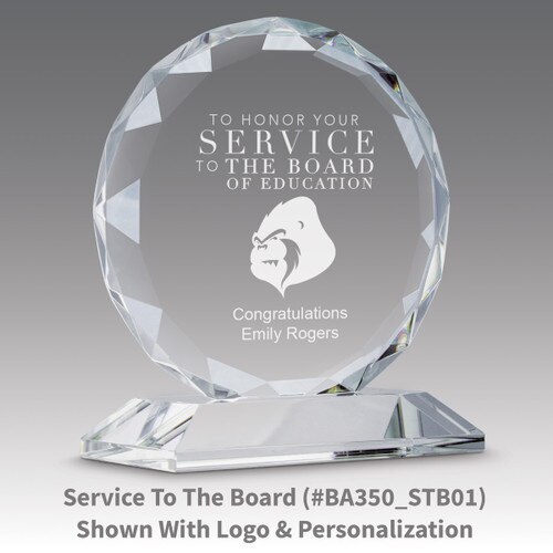 faceted circle optic crystal base award with service to the board message