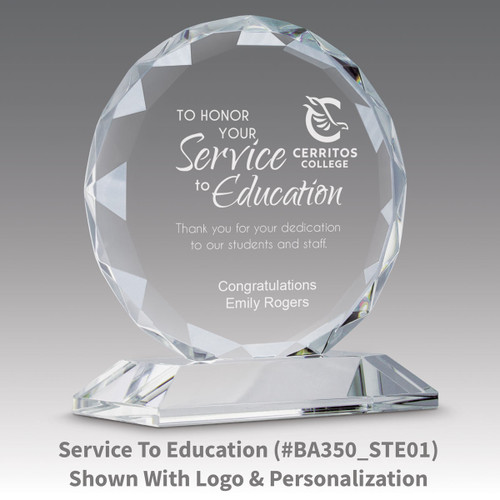 faceted circle optic crystal base award with service to education message