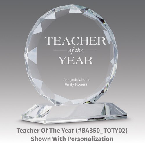 faceted circle optic crystal base award with teacher of the year message