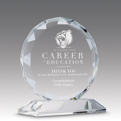 faceted circle optic crystal base award with career in education message