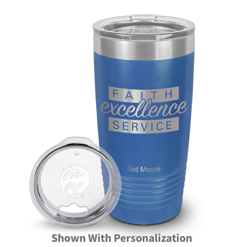 blue stainless steel tumbler with faith excellence service message and personalization