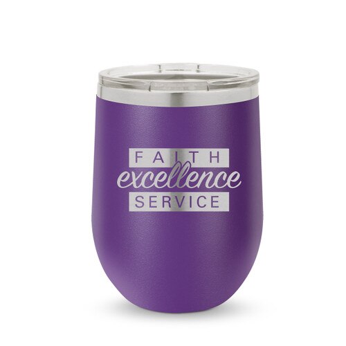purple 12 oz. stainless steel tumblers with faith excellence service message