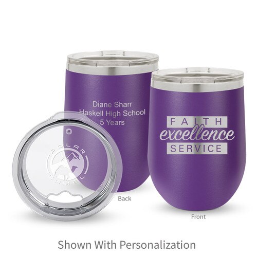 purple 12 oz. stainless steel tumblers with faith excellence service message and personalization