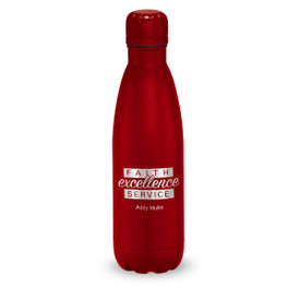 red stainless steel water bottle with faith excellence service message