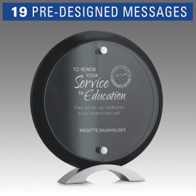 circle jade glass suspended on a black piano finish base award with service to education message