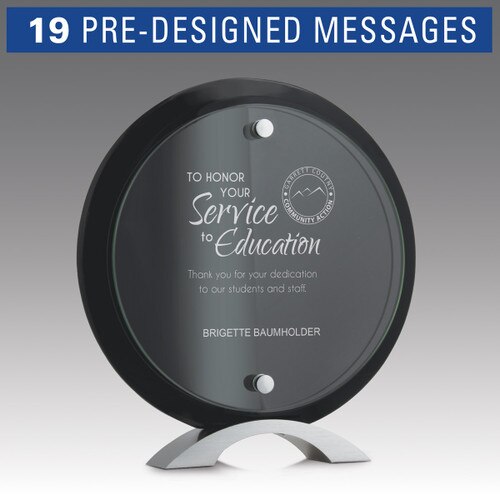 circle jade glass suspended on a black piano finish base award with service to education message