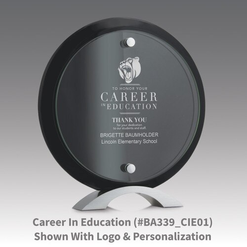 circle jade glass suspended on a black piano finish base award with career in education message