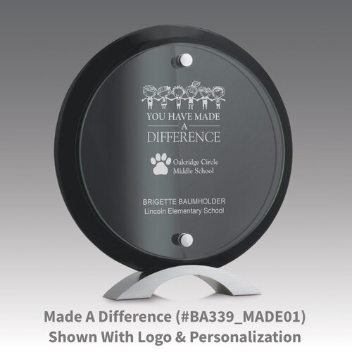 circle jade glass suspended on a black piano finish base award with made a difference message