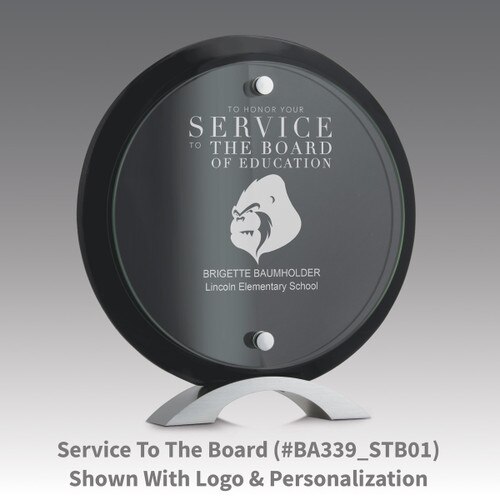 circle jade glass suspended on a black piano finish base award with service to the board message