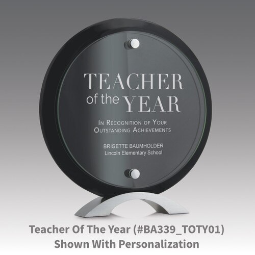 circle jade glass suspended on a black piano finish base award with teacher of the year message