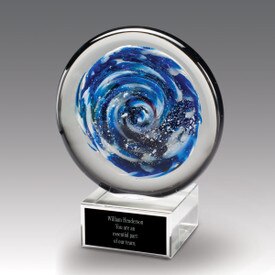 Galaxy Disk Art Glass Award With Blue And White Swirls On Clear Crystal Base