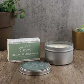 8 oz. Soy Wax Candle Tin and Goats Milk Soap Gift Set. Featuring the reviving scent of eucalyptus lemongrass.