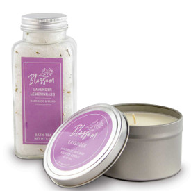8 oz. Soy Wax Candle Tin and 10 oz. Bath Tea Salt Gift Set. Featuring the calming scent of lavender.