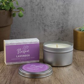 8 oz. Soy Wax Candle Tin and Goats Milk Soap Gift Set. Featuring the calming scent of lavender.