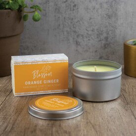 8 oz. Soy Wax Candle Tin and Goats Milk Soap Gift Set. Featuring the calming scent of orange ginger.