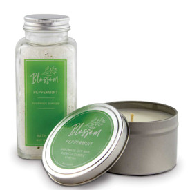 8 oz. Soy Wax Candle Tin and 10 oz. Bath Tea Salt Gift Set. Featuring the calming scent of peppermint.