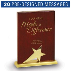 Rosewood piano finish plaque base award featuring a gold star with pre-designed service to education messages to choose from.