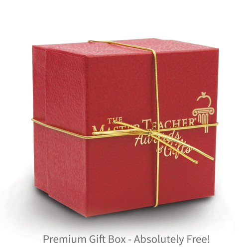 red gift box with gold elastic bow and The Master Teacher logo