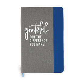 heather gray journal with blue accents and grateful message