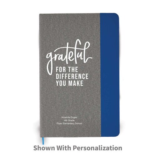 heather gray journal with blue accents and grateful message with personalization